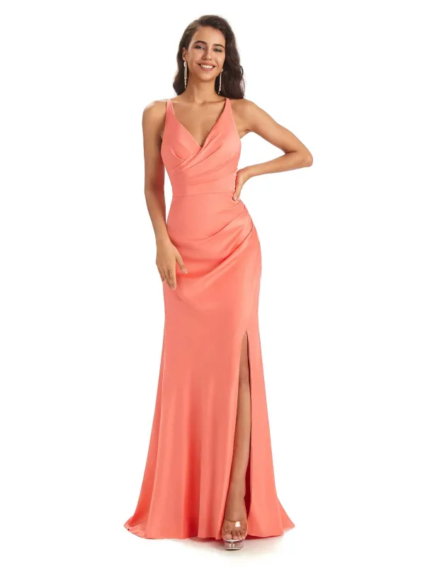 Elegant Soft Satin Side Slit Spaghetti Straps V-neck Long Mermaid Prom Dresses Online sold by ChicSew