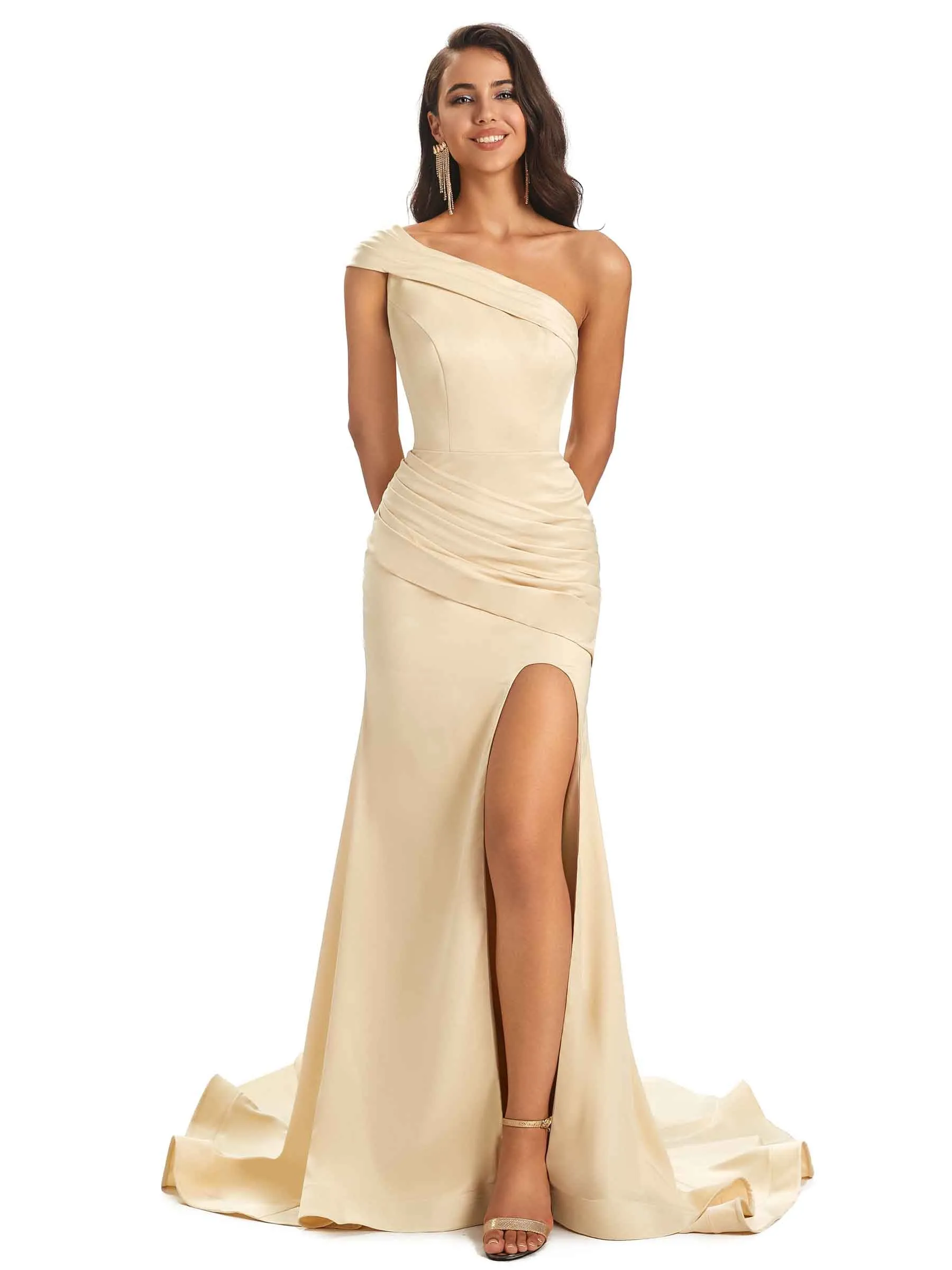 Sexy Satin Side Slit One Shoulder Long Mermaid Prom Dresses Online sold by ChicSew