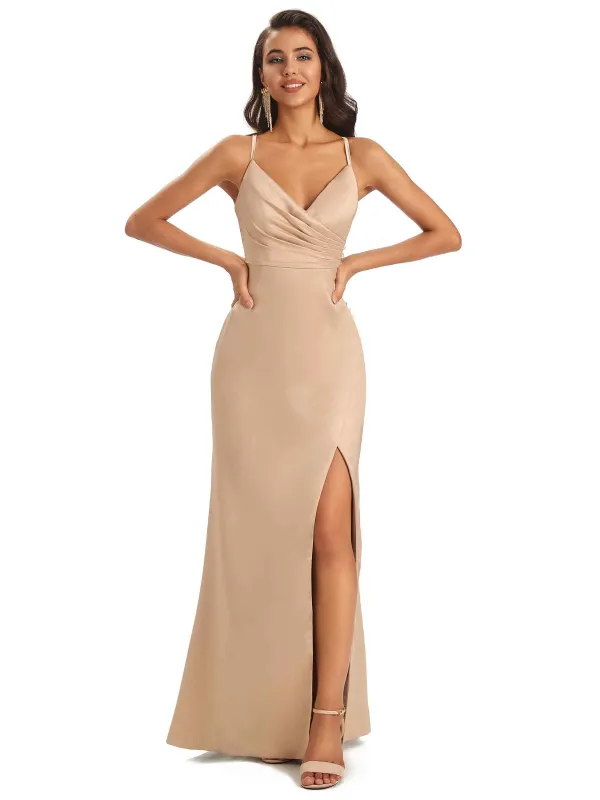Simple Satin Side Slit Spaghetti Straps Long Sexy Mermaid Prom Dresses sold by ChicSew