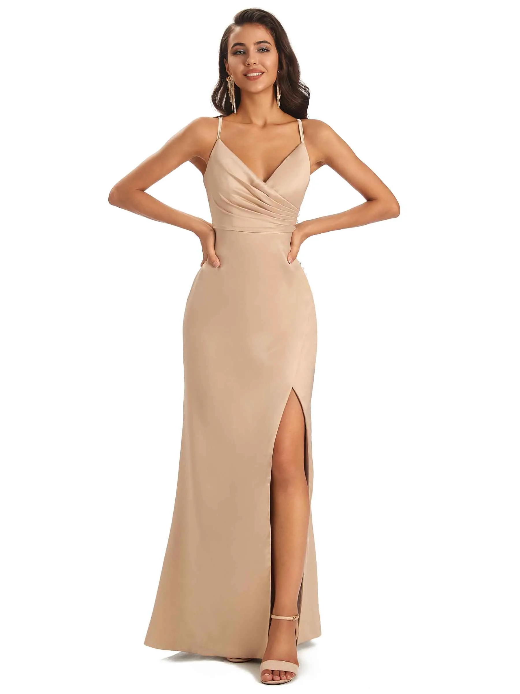 Simple Satin Side Slit Spaghetti Straps Long Sexy Mermaid Prom Dresses sold by ChicSew