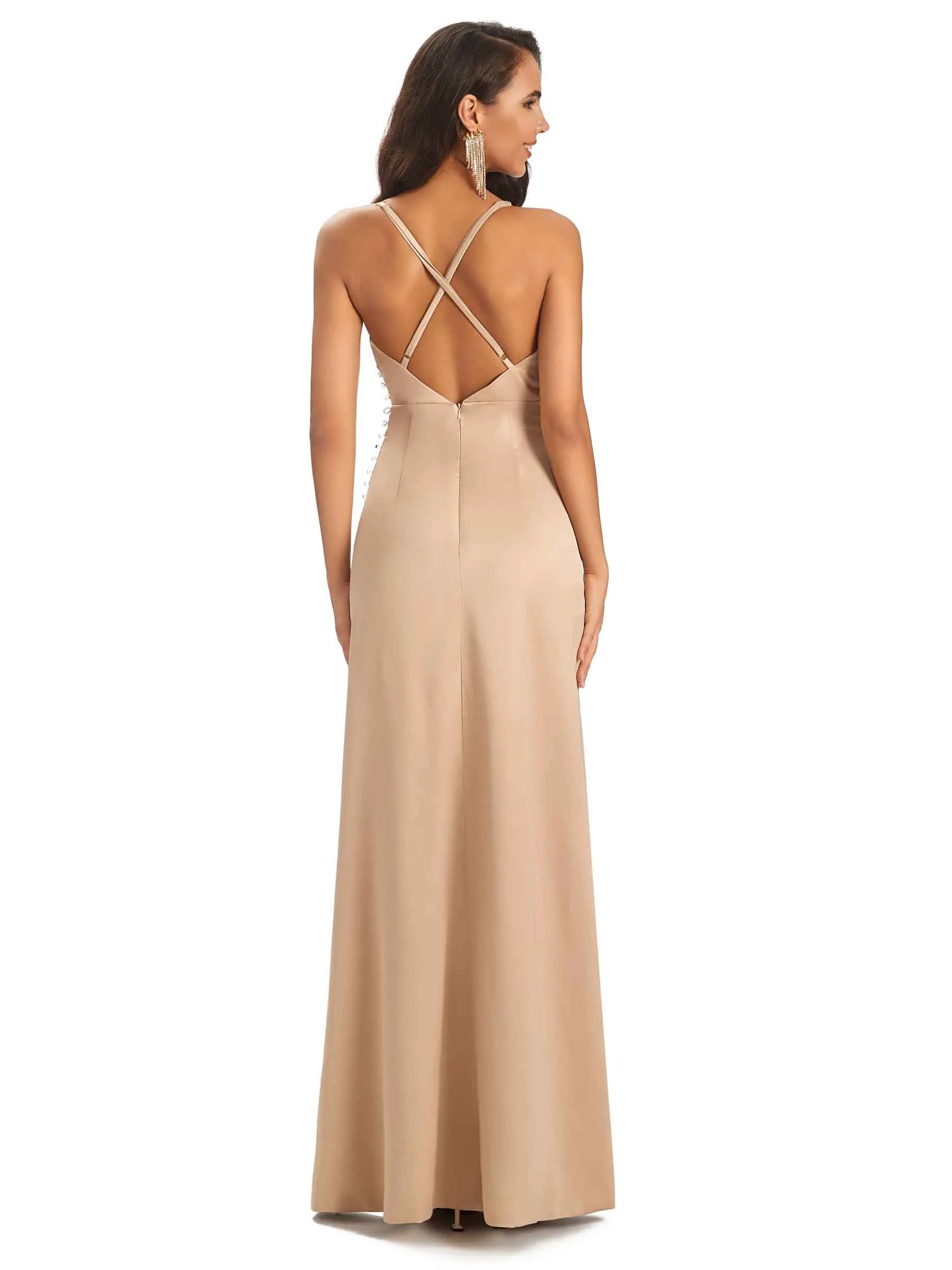 Simple Satin Side Slit Spaghetti Straps Long Sexy Mermaid Prom Dresses sold by ChicSew product image thumbnail 3