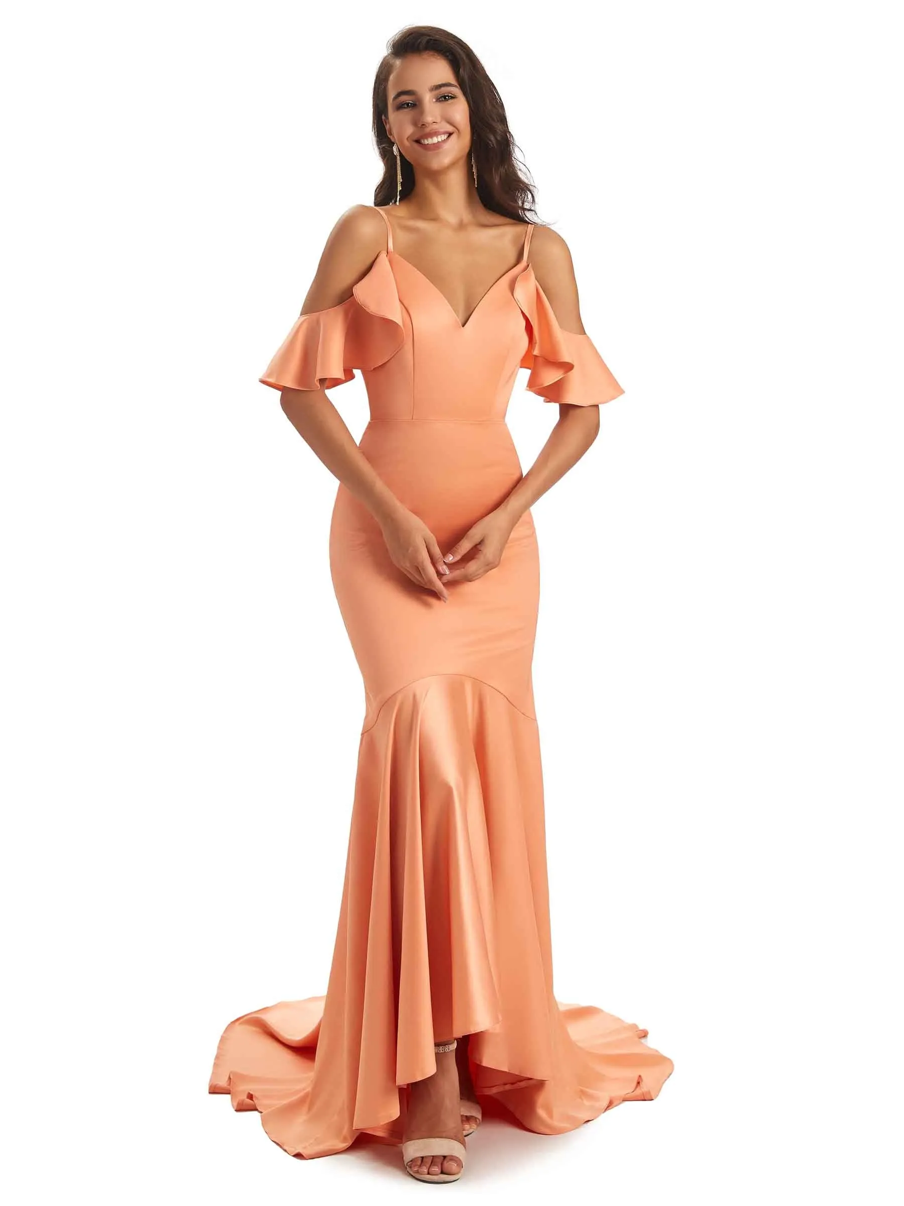 Soft Satin Asymmetric Unique Mermaid Cold Shoulder Prom Dresses sold by ChicSew product image thumbnail 4