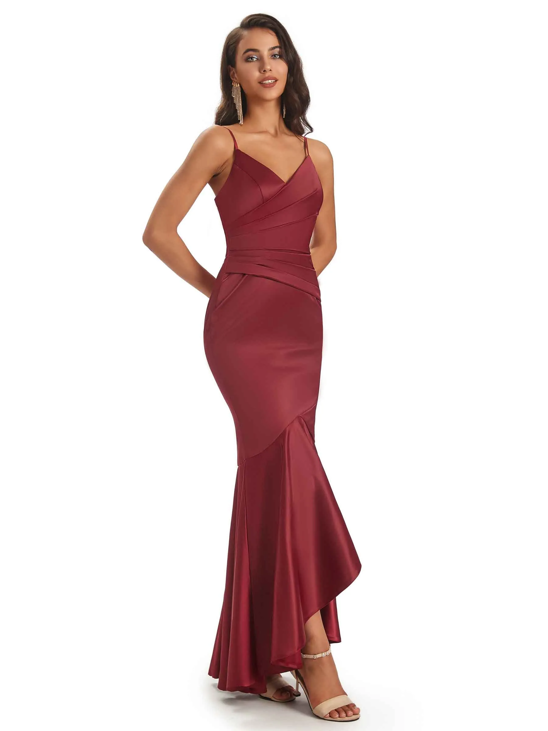High Low Spaghetti Straps V-Neck Soft Satin Asymmetrical Prom Dresses Online sold by ChicSew product image thumbnail 5