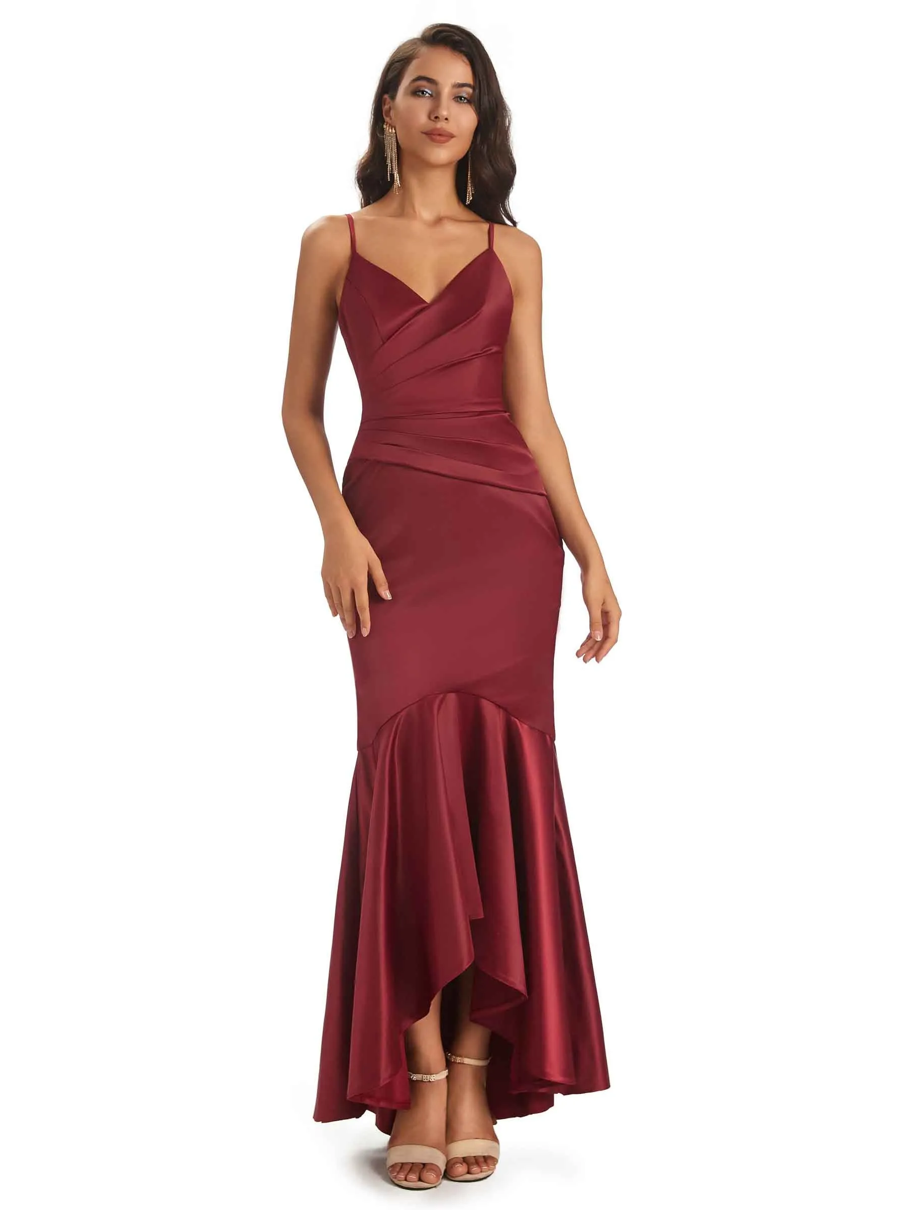 High Low Spaghetti Straps V-Neck Soft Satin Asymmetrical Prom Dresses Online sold by ChicSew