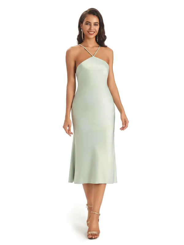 Sexy Satin Side Slit Spaghetti Straps Midi Short Prom Dresses Online sold by ChicSew