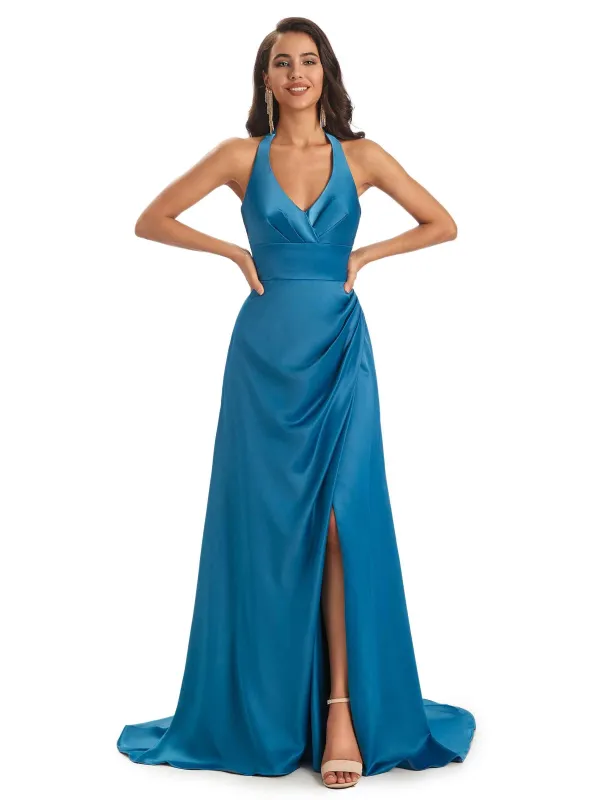 Sexy Satin Side Slit Halter A-line Long Prom Dresses Online sold by ChicSew