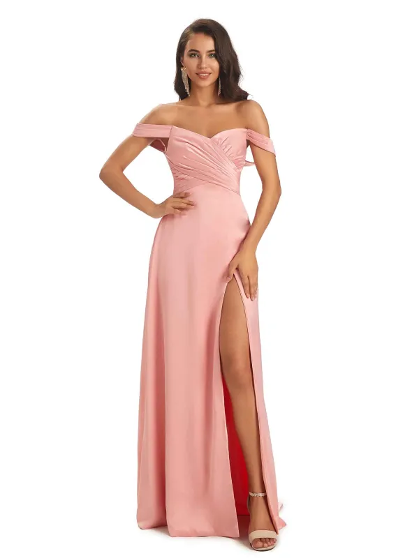Sexy Side Slit Off The Shoulder Long Satin Prom Dresses Online sold by ChicSew