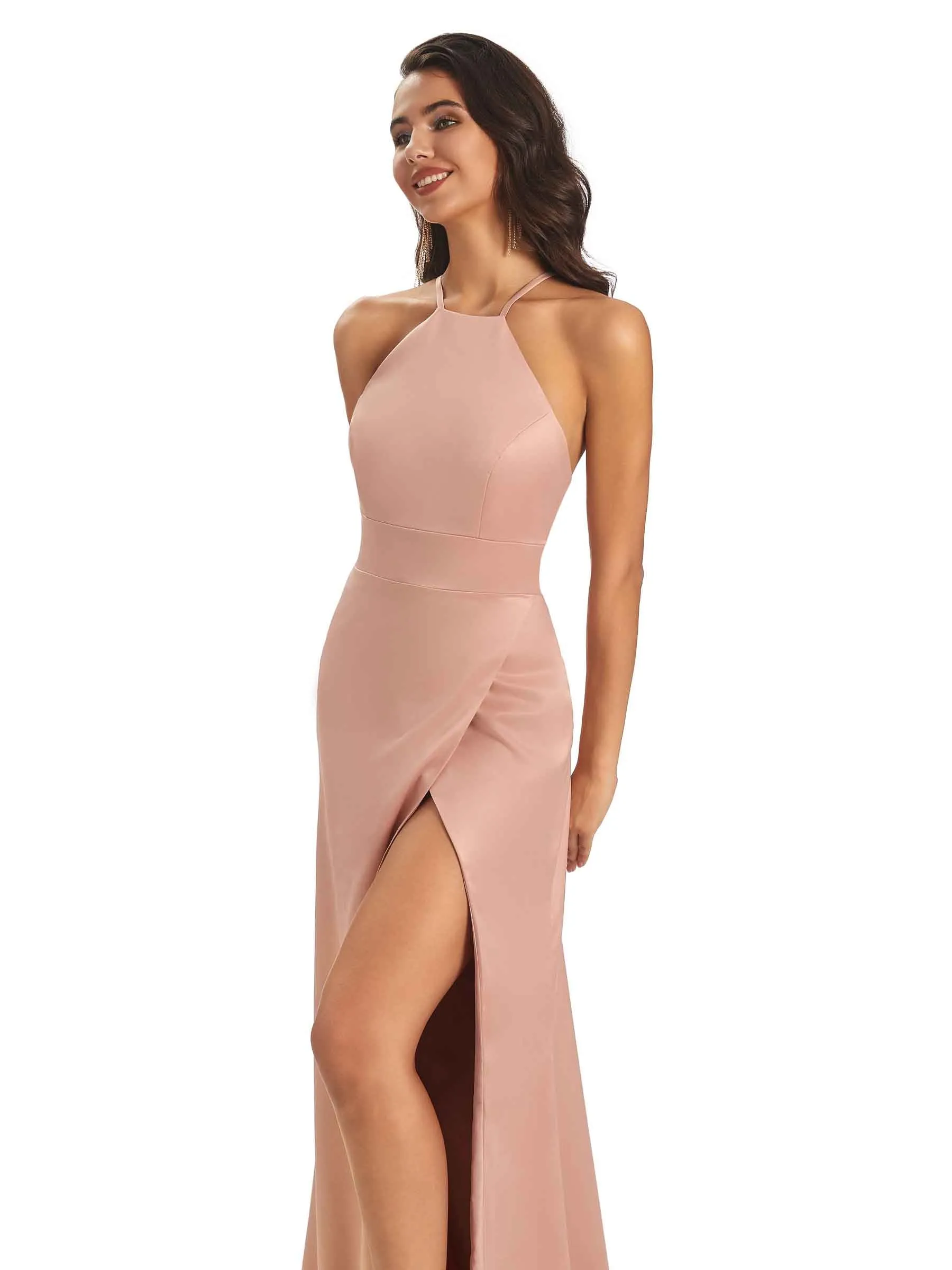 Sexy Satin Halter Criss-Cross Side Slit Long Prom Dresses Online sold by ChicSew product image thumbnail 5
