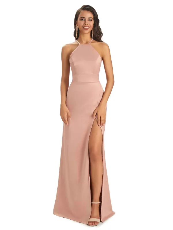 Sexy Satin Halter Criss-Cross Side Slit Long Prom Dresses Online sold by ChicSew
