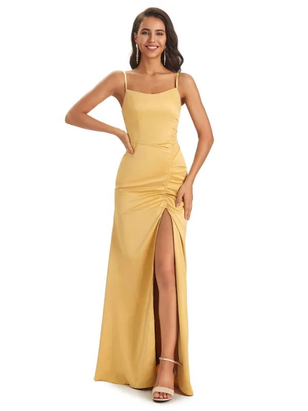 Sexy Satin Scoop Neckline Long Mermaid Prom Dresses With Slit Online sold by ChicSew