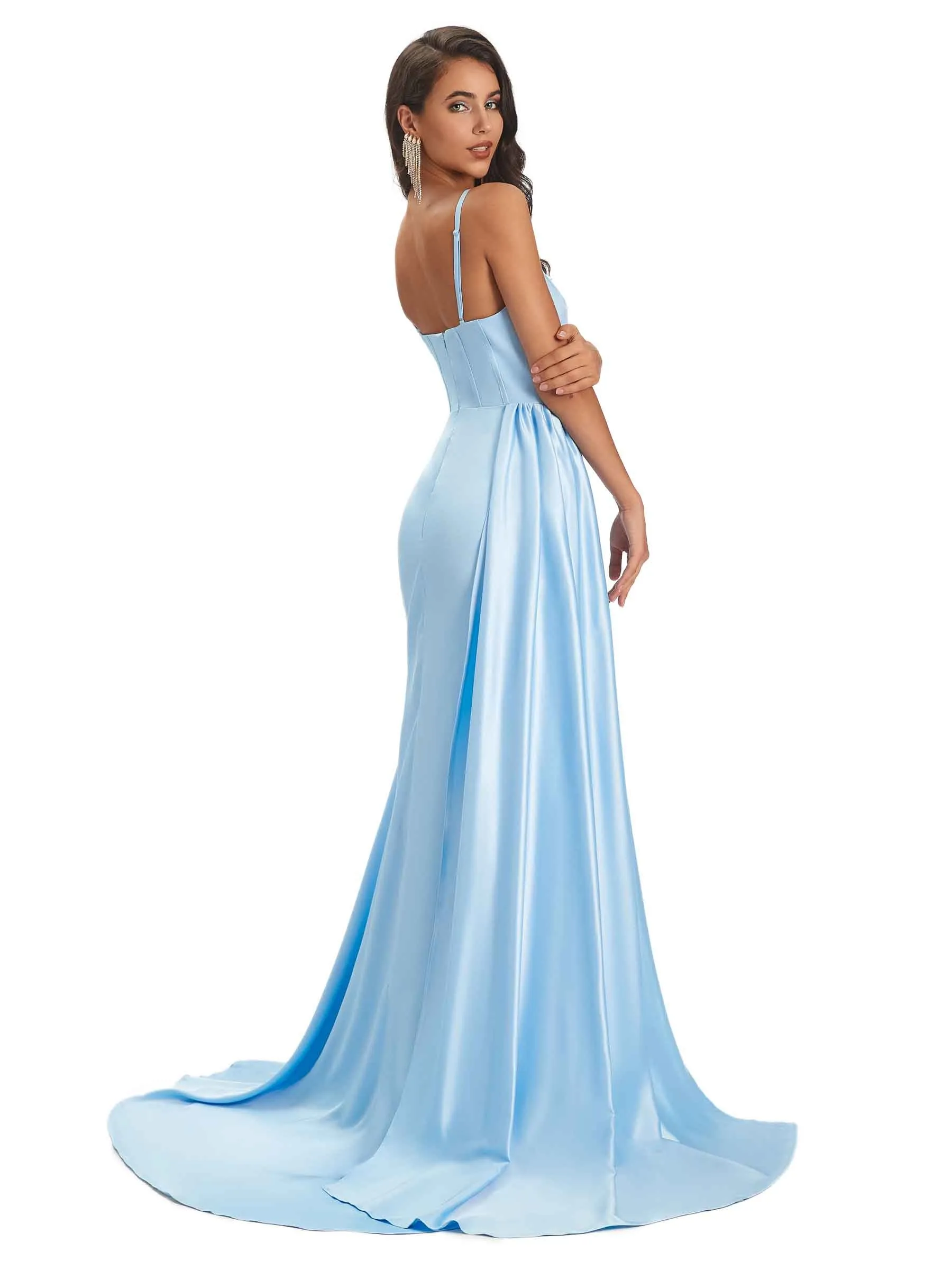 Sexy Satin Spaghetti Straps Long Mermaid Beautiful Prom Dresses With Slit sold by ChicSew product image thumbnail 3