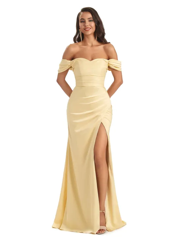 Sexy Off Shoulder Sweetheart Satin Side Slit Mermaid Long Prom Dresses Online sold by ChicSew