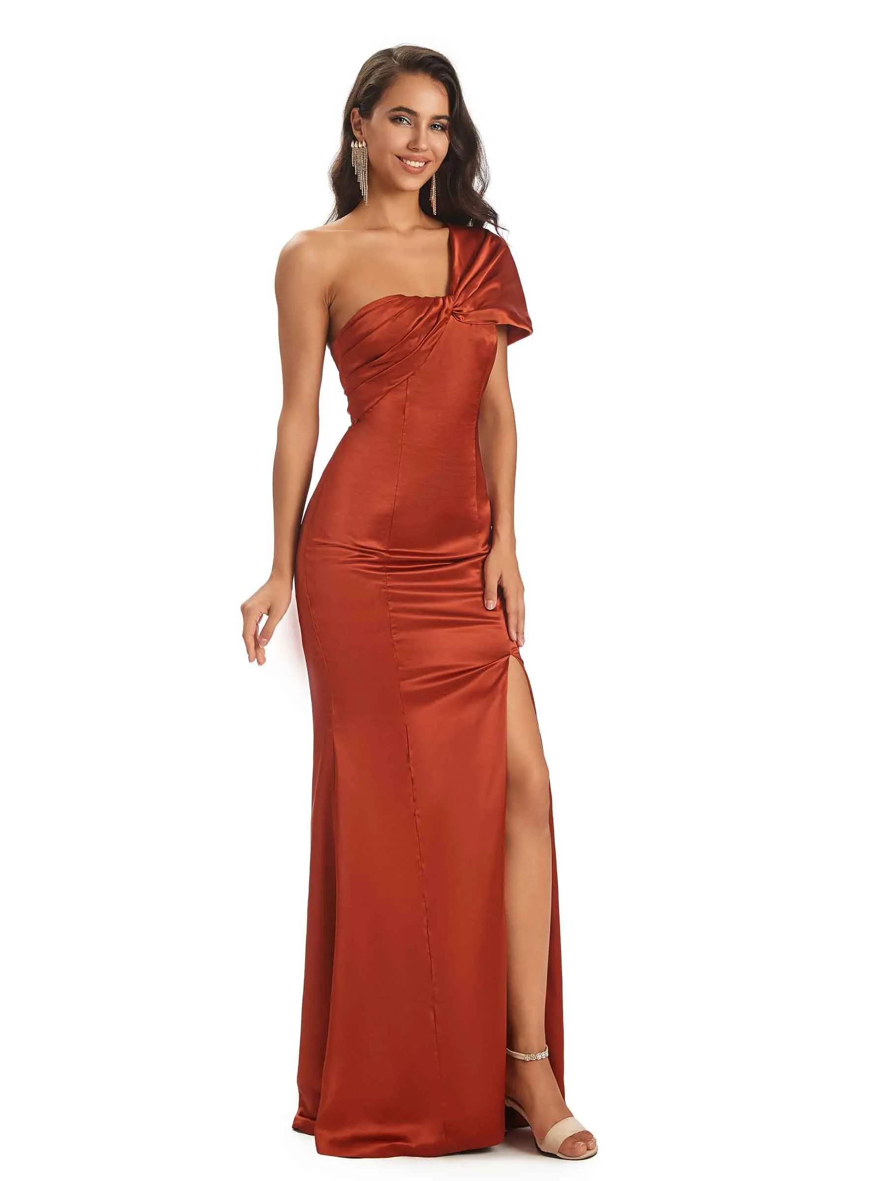 Sexy Satin Side Slit One Shoulder Cap Sleeve Mermaid Long Prom Dresses sold by ChicSew product image thumbnail 5