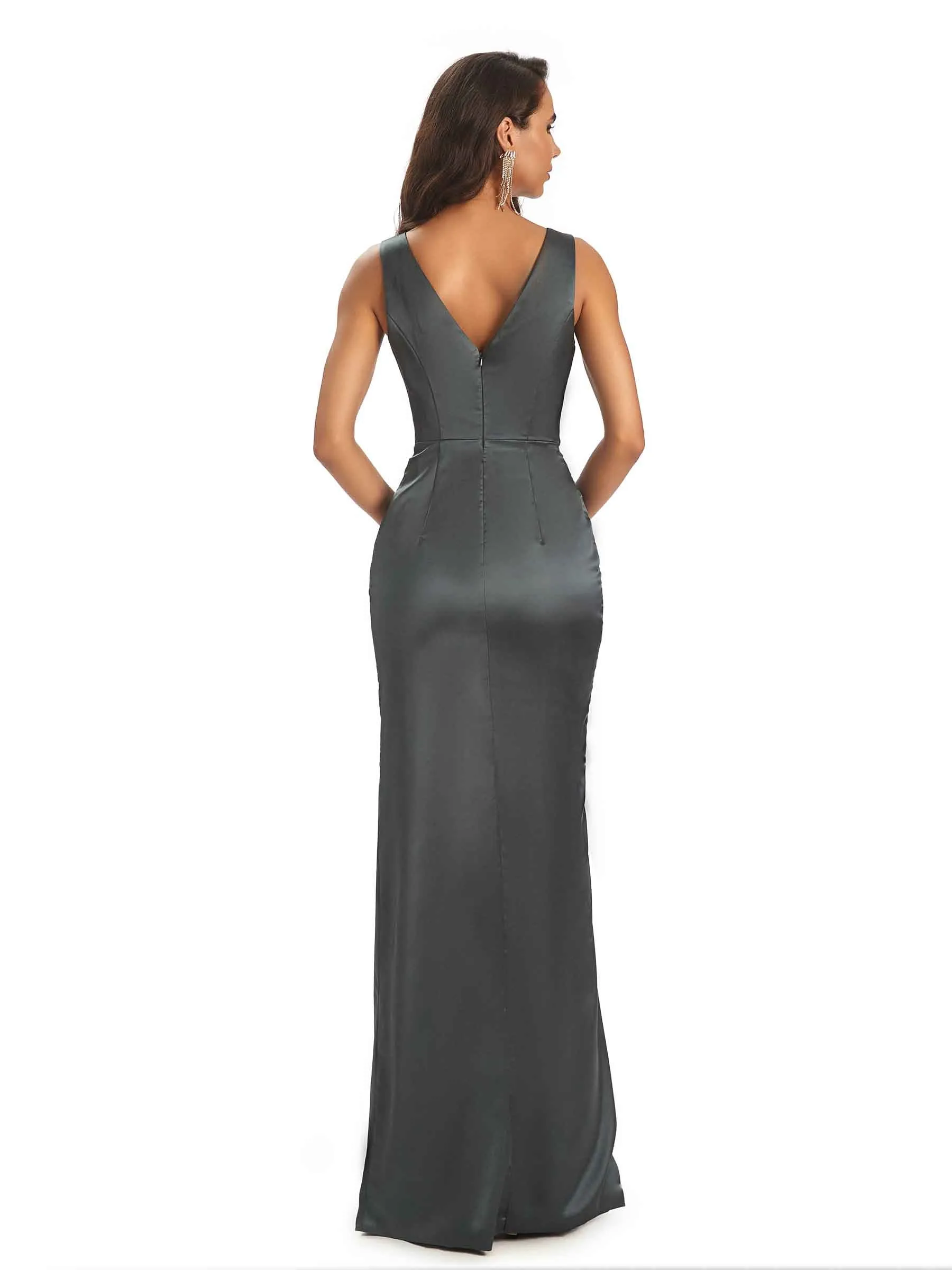 Sexy Satin V-neck Elegant Long Prom Dresses With Slit Online sold by ChicSew product image thumbnail 3