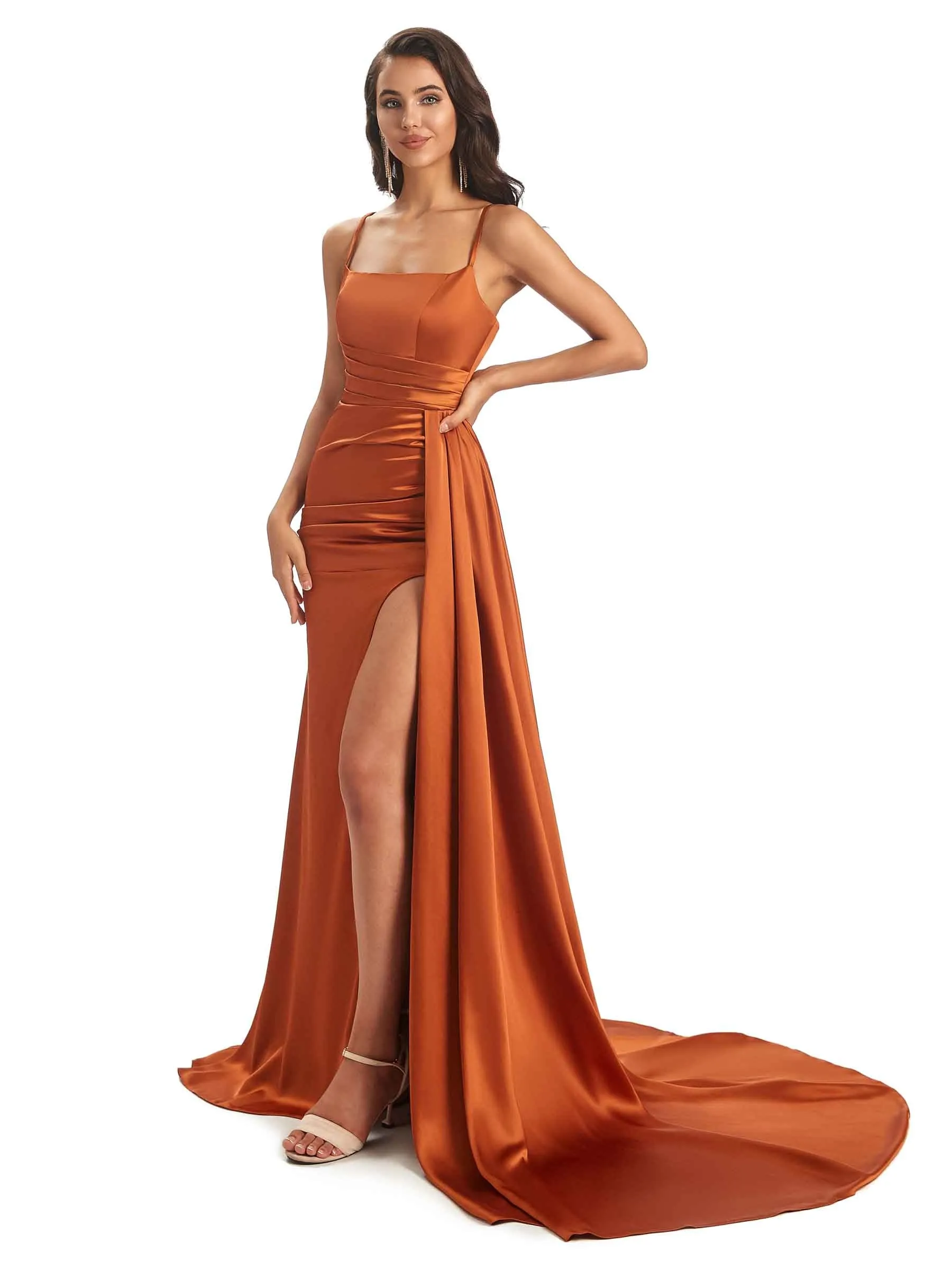 Sexy Satin Side Slit Spaghetti Straps Long Mermaid Prom Dresses Online sold by ChicSew product image thumbnail 5