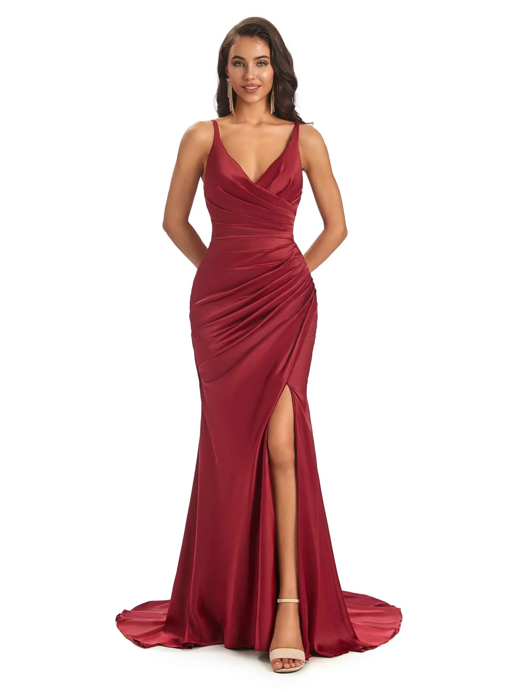 Sexy Satin Spaghetti Straps V-neck Long Mermaid Prom Dresses With Slit Online sold by ChicSew