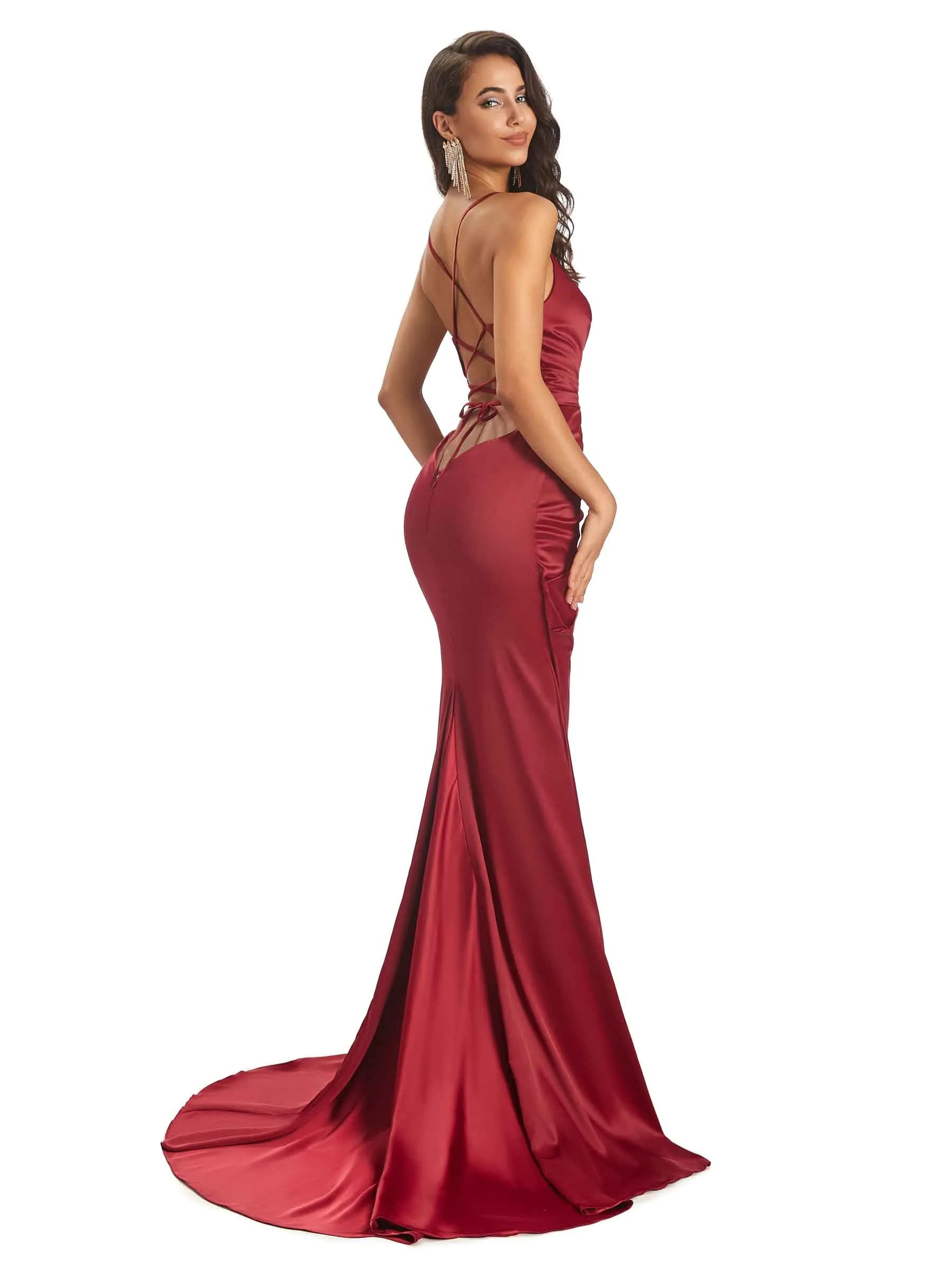 Sexy Satin Spaghetti Straps V-neck Long Mermaid Prom Dresses With Slit Online sold by ChicSew product image thumbnail 3