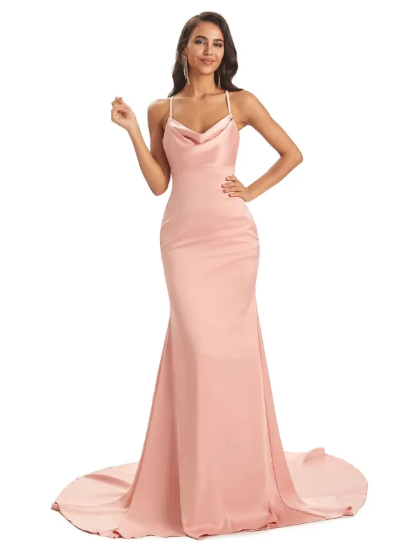 Elegant Satin Spaghetti Straps Cowl Long Mermaid Prom Dresses Online sold by ChicSew