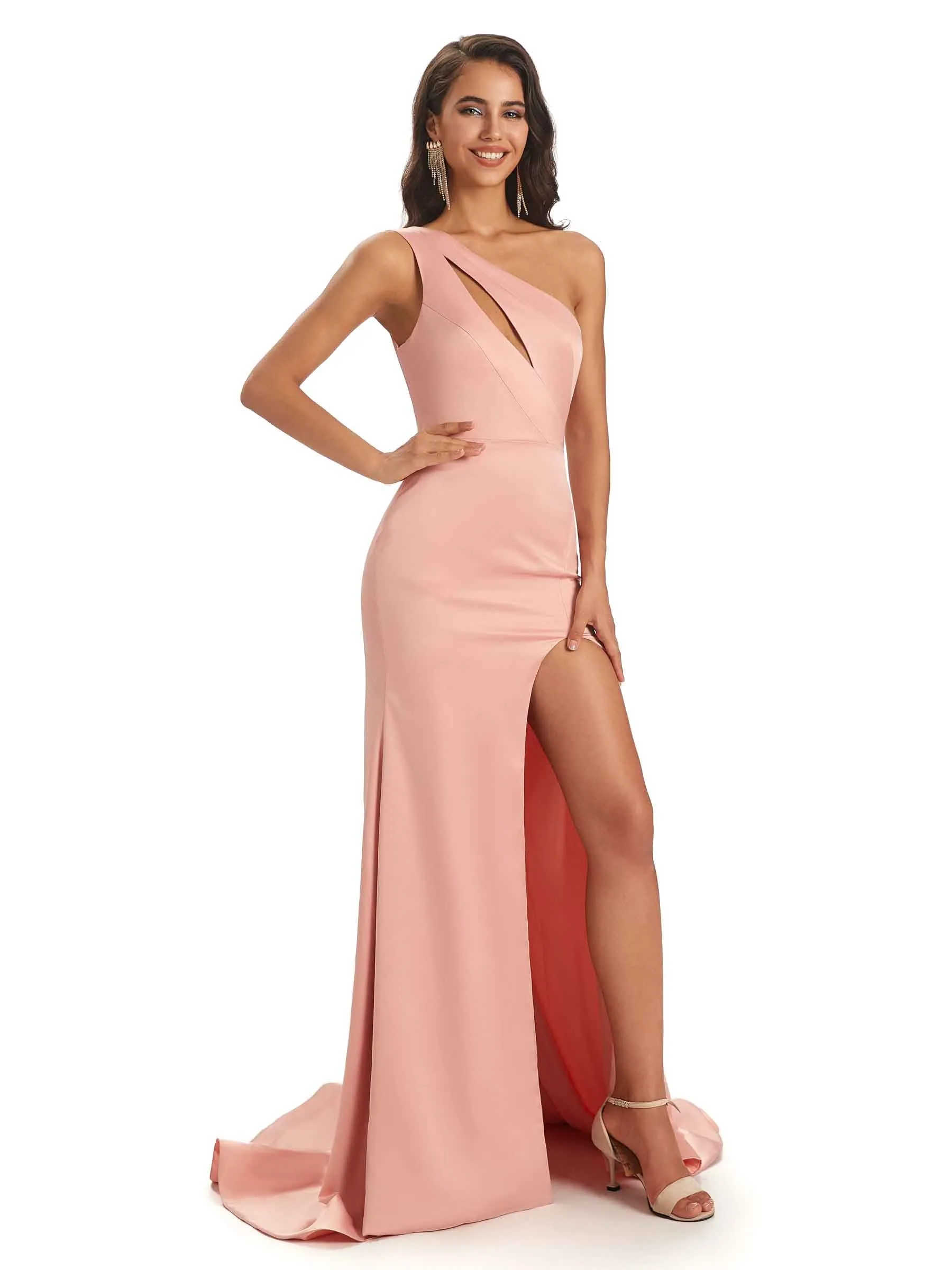 Sexy Satin Side Slit One Shoulder Long Mermaid Prom Dresses With Slit Online sold by ChicSew product image thumbnail 5