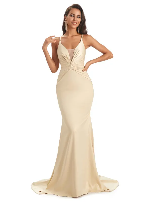 Sexy Satin V-Neck Spaghetti Straps Long Mermaid Prom Dresses With Slit 2023 sold by ChicSew