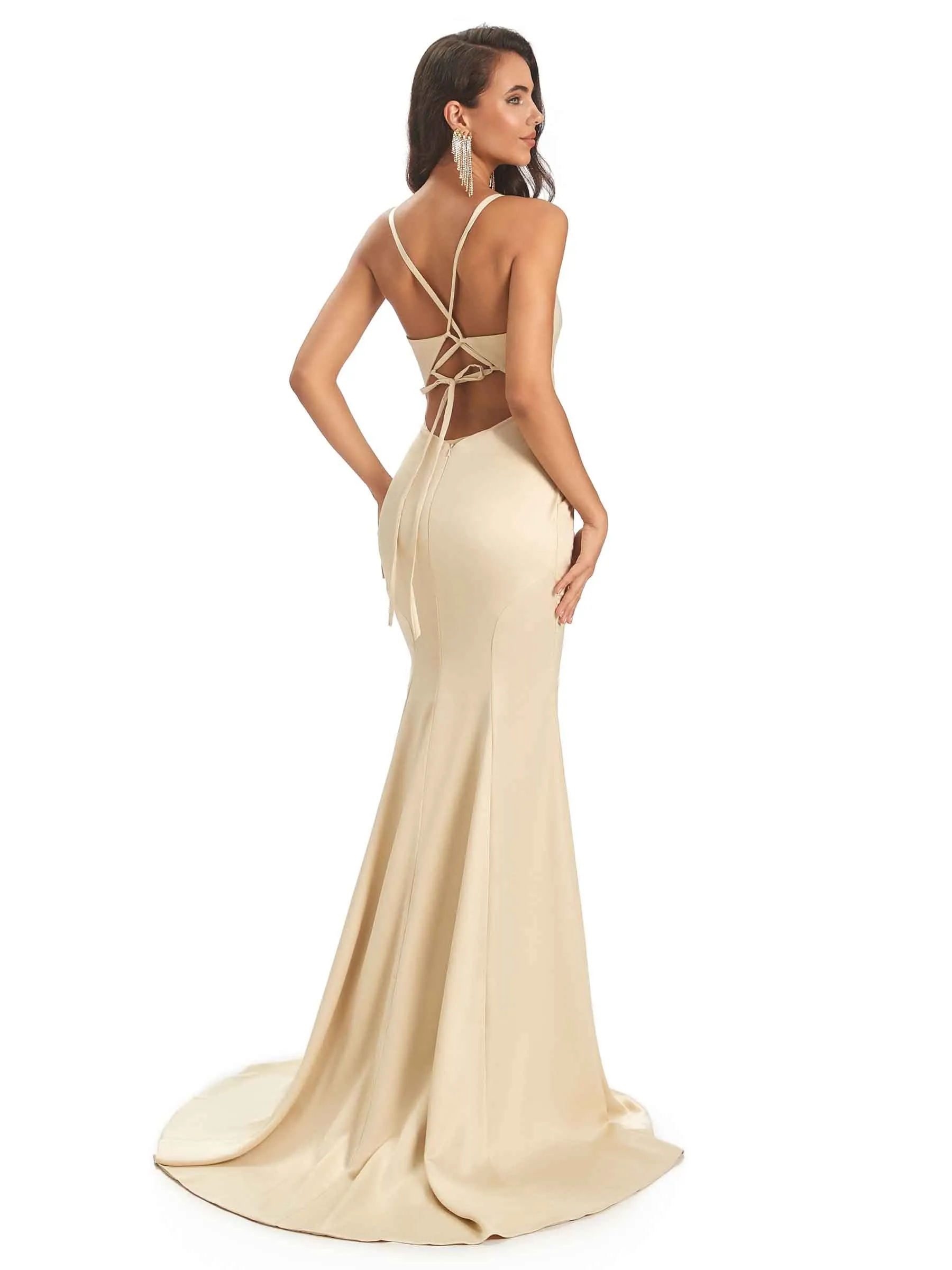 Sexy Satin V-Neck Spaghetti Straps Long Mermaid Prom Dresses With Slit 2023 sold by ChicSew product image thumbnail 3