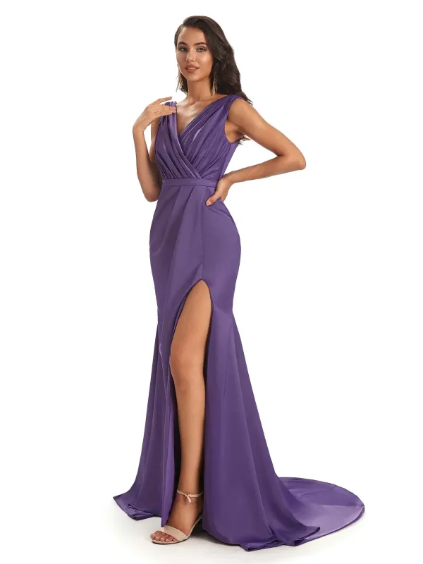 Sexy Satin Mermaid V-neck Long Pretty Long Prom Dresses With Slit sold by ChicSew