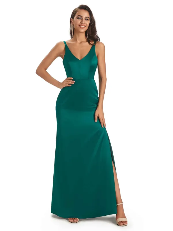 Simple Satin V-Neck Side Slit Spaghetti Straps Long Mermaid Prom Dresses With Slit sold by ChicSew