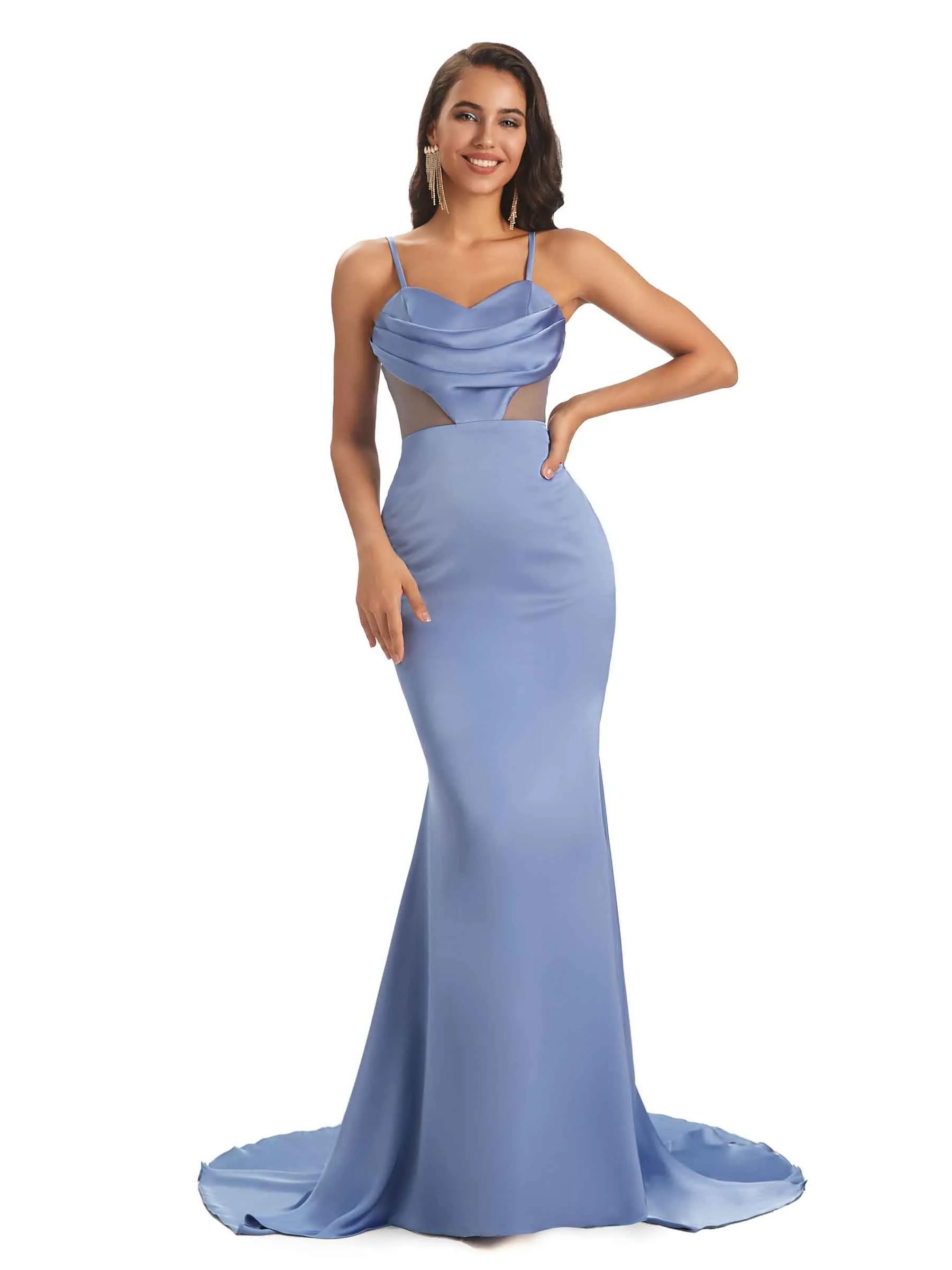 Sexy Soft Spaghetti Straps Satin Mermaid See Through Prom Dresses Online With Slit sold by ChicSew