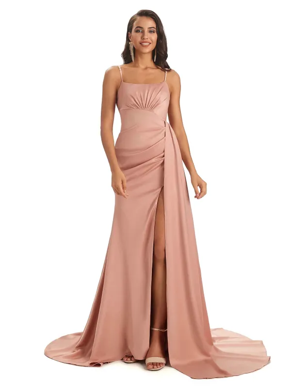 Sexy Satin Long Spaghetti Straps Sexy Prom Dresses With Slit Online sold by ChicSew