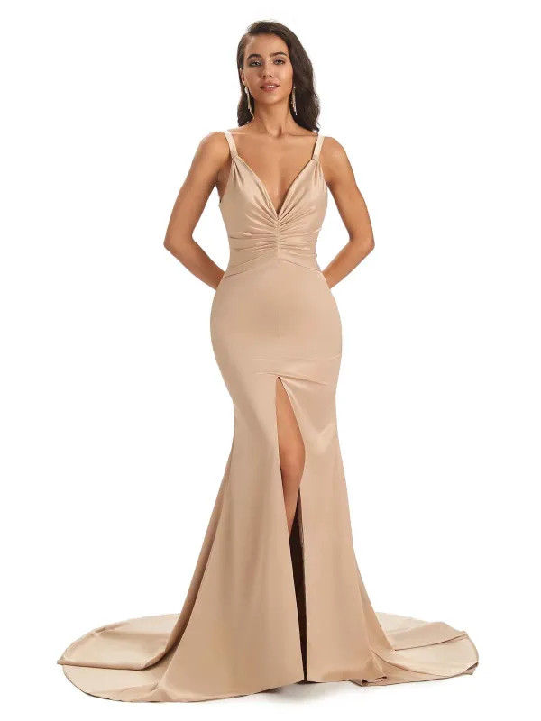Sexy Satin Spaghetti Straps V-Neck Long Mermaid Prom Dresses With Slit sold by ChicSew