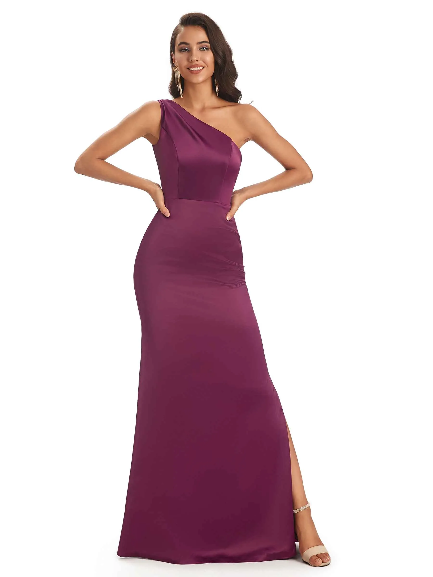 Elegant One Shoulder Long Satin Mermaid Prom Dress With Slit sold by ChicSew