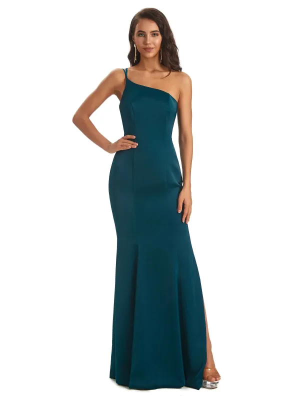 Sexy Soft Satin Side Slit One Shoulder Chic Mermaid Bridesmaid Dresses Online sold by ChicSew