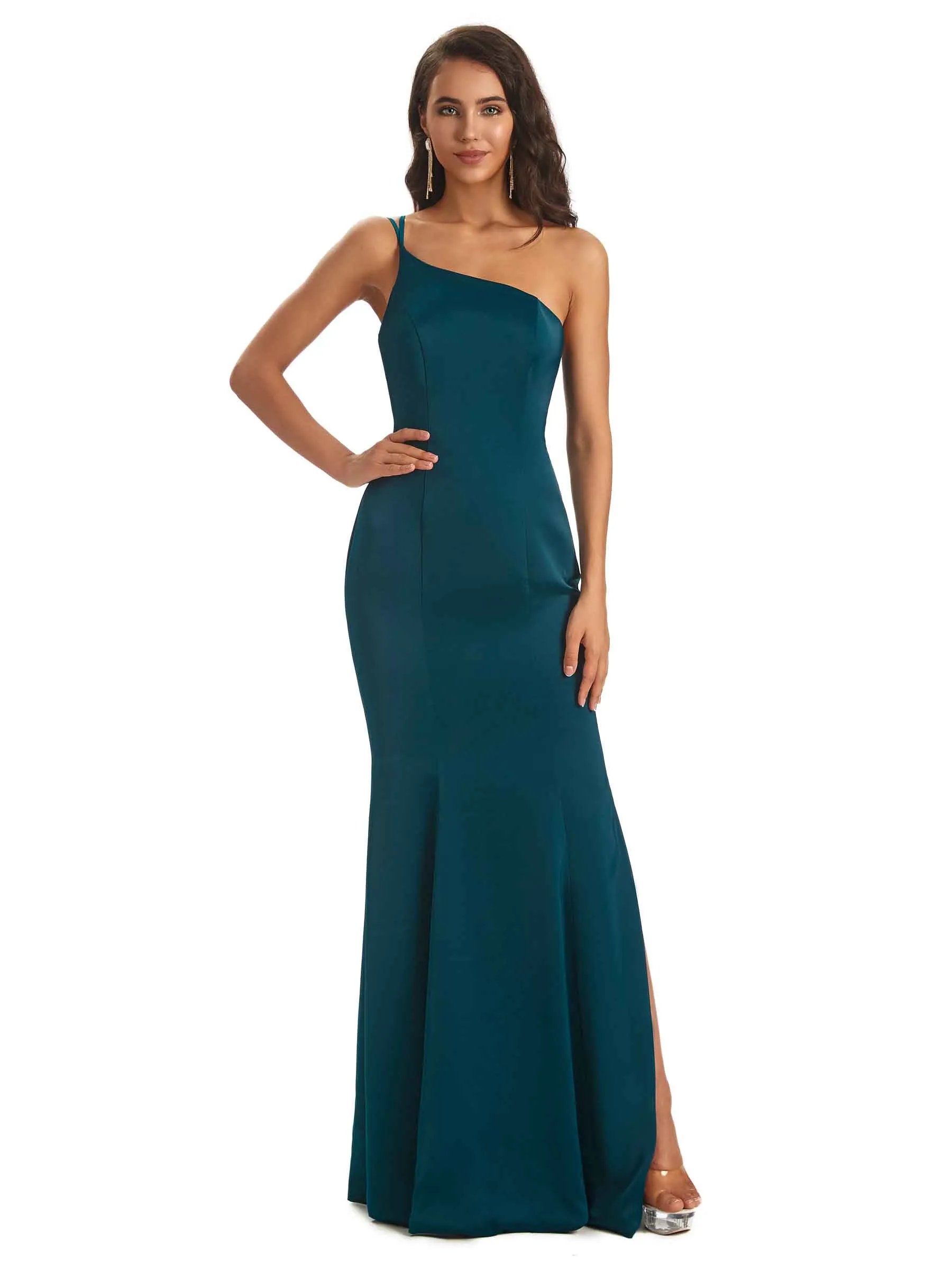 Sexy Soft Satin Side Slit One Shoulder Chic Mermaid Bridesmaid Dresses Online sold by ChicSew