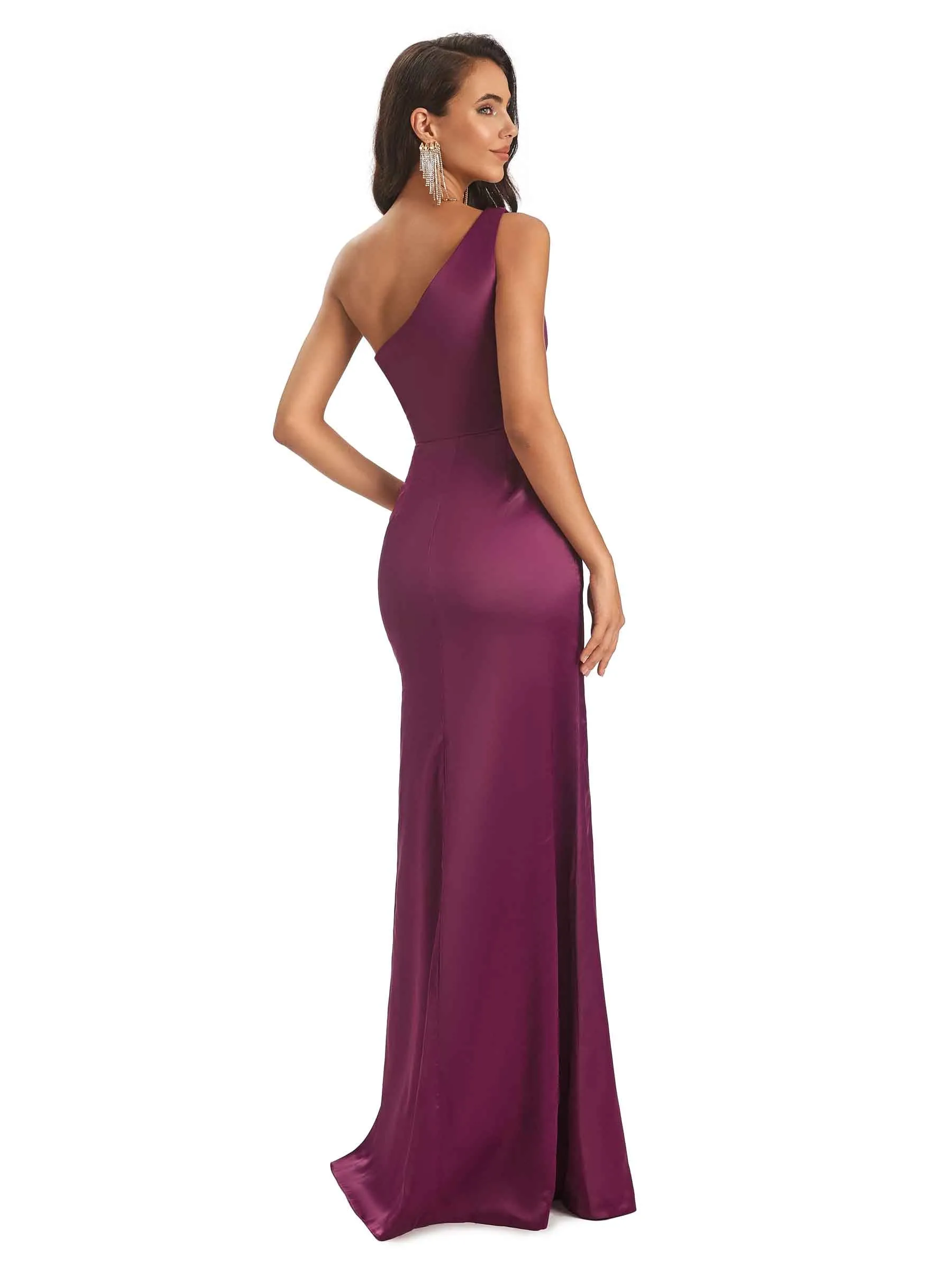 Sexy Soft Satin Side Slit Sheath One Shoulder Modern Mermaid Bridesmaid Dresses sold by ChicSew product image thumbnail 3