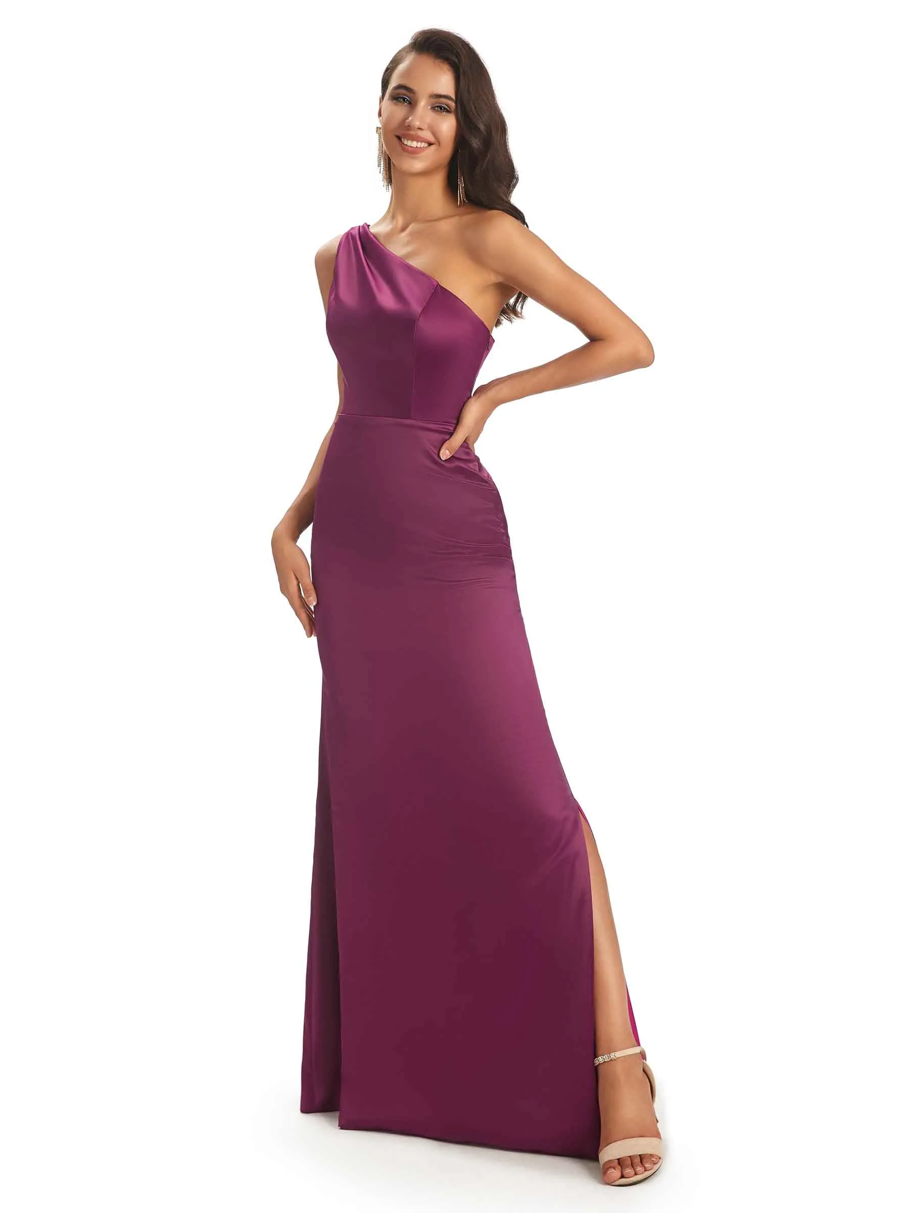 Sexy Soft Satin Side Slit Sheath One Shoulder Modern Mermaid Bridesmaid Dresses sold by ChicSew product image thumbnail 5
