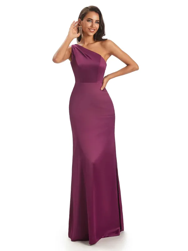 Sexy Soft Satin Side Slit Sheath One Shoulder Modern Mermaid Bridesmaid Dresses sold by ChicSew