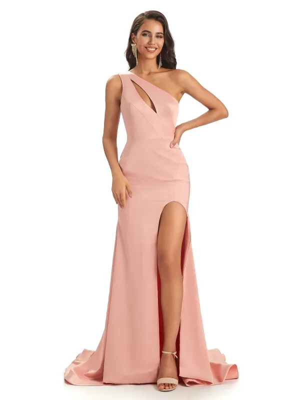 Sexy Soft Satin Side Slit One Shoulder Maxi Long Mermaid Bridesmaid Dresses sold by ChicSew
