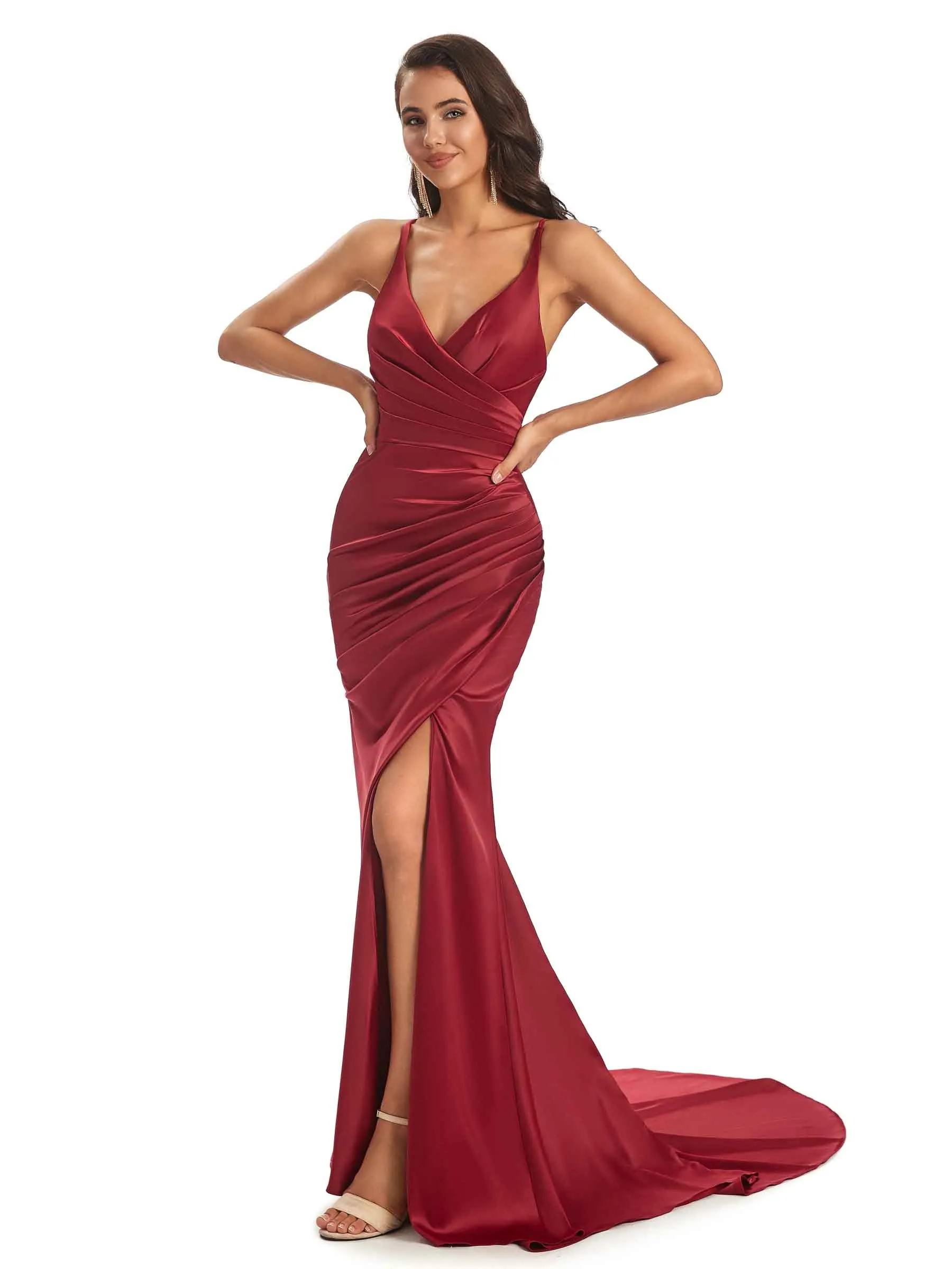 Soft Satin Side Slit Spaghetti Straps V-neck Long Sexy Mermaid Bridesmaid Dresses sold by ChicSew product image thumbnail 4