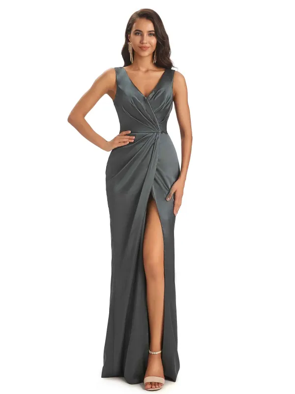 Soft Satin Front Slit V-neck Unique Long Bridesmaid Dresses Online sold by ChicSew