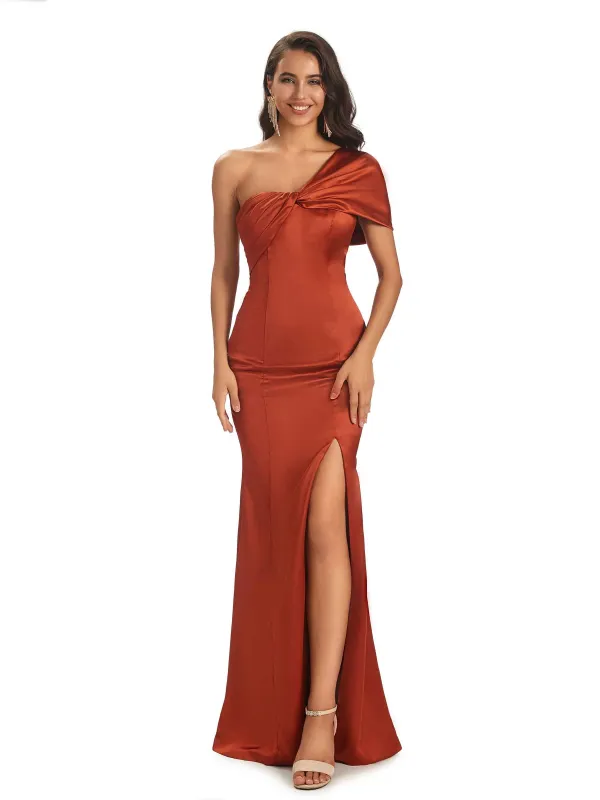 Soft Satin Side Slit One Shoulder Unique Long Sheath Bridesmaid Dresses sold by ChicSew