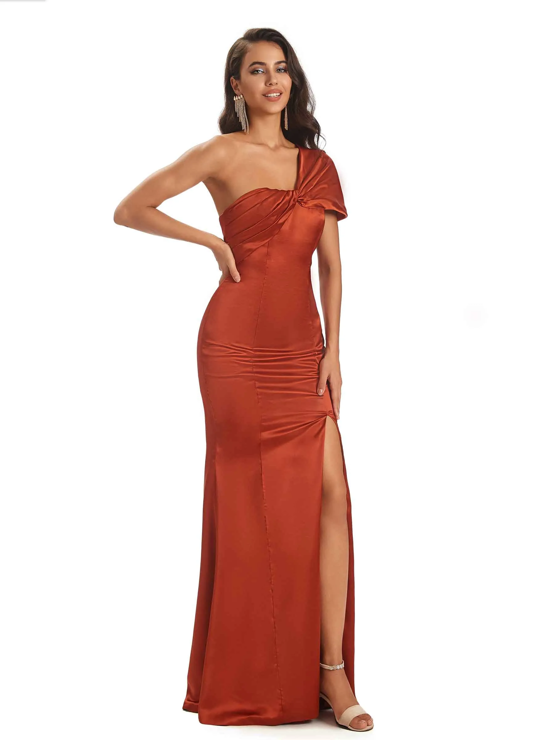 Soft Satin Side Slit One Shoulder Unique Long Sheath Bridesmaid Dresses sold by ChicSew product image thumbnail 4