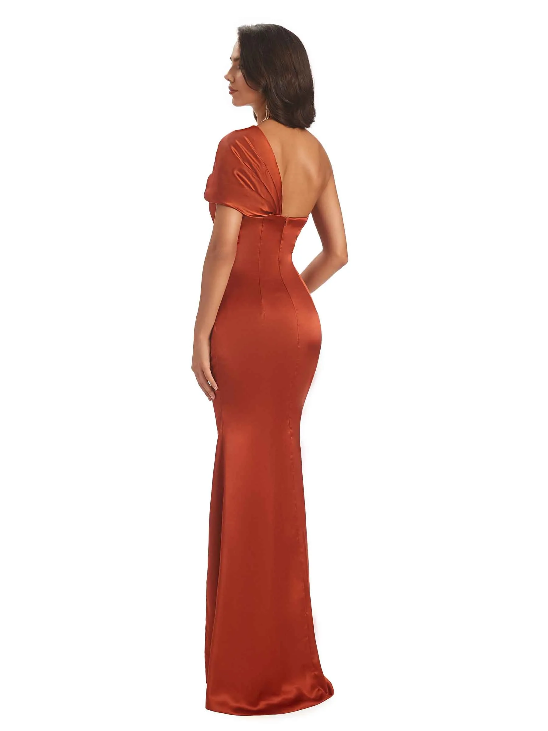 Soft Satin Side Slit One Shoulder Unique Long Sheath Bridesmaid Dresses sold by ChicSew product image thumbnail 3