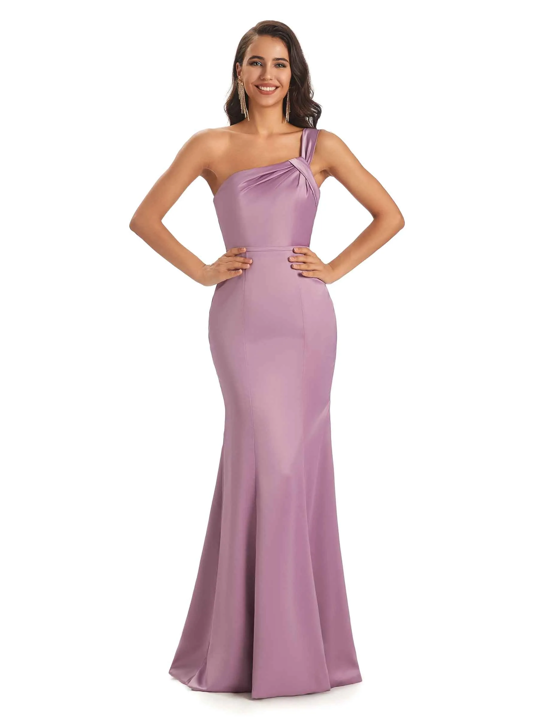Sexy One shoulder Soft Satin Mermaid Floor Length Long Bridesmaid Dresses Online sold by ChicSew