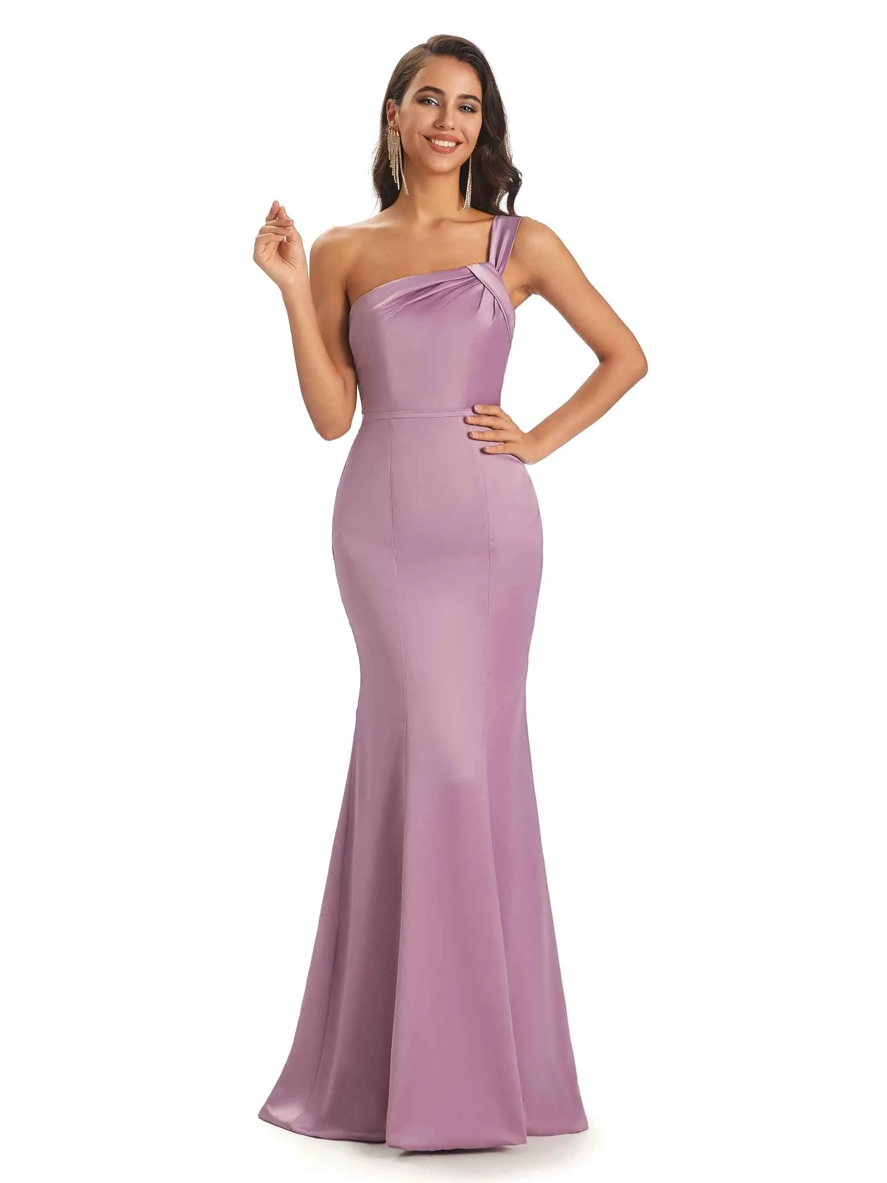 Sexy One shoulder Soft Satin Mermaid Floor Length Long Bridesmaid Dresses Online sold by ChicSew product image thumbnail 4