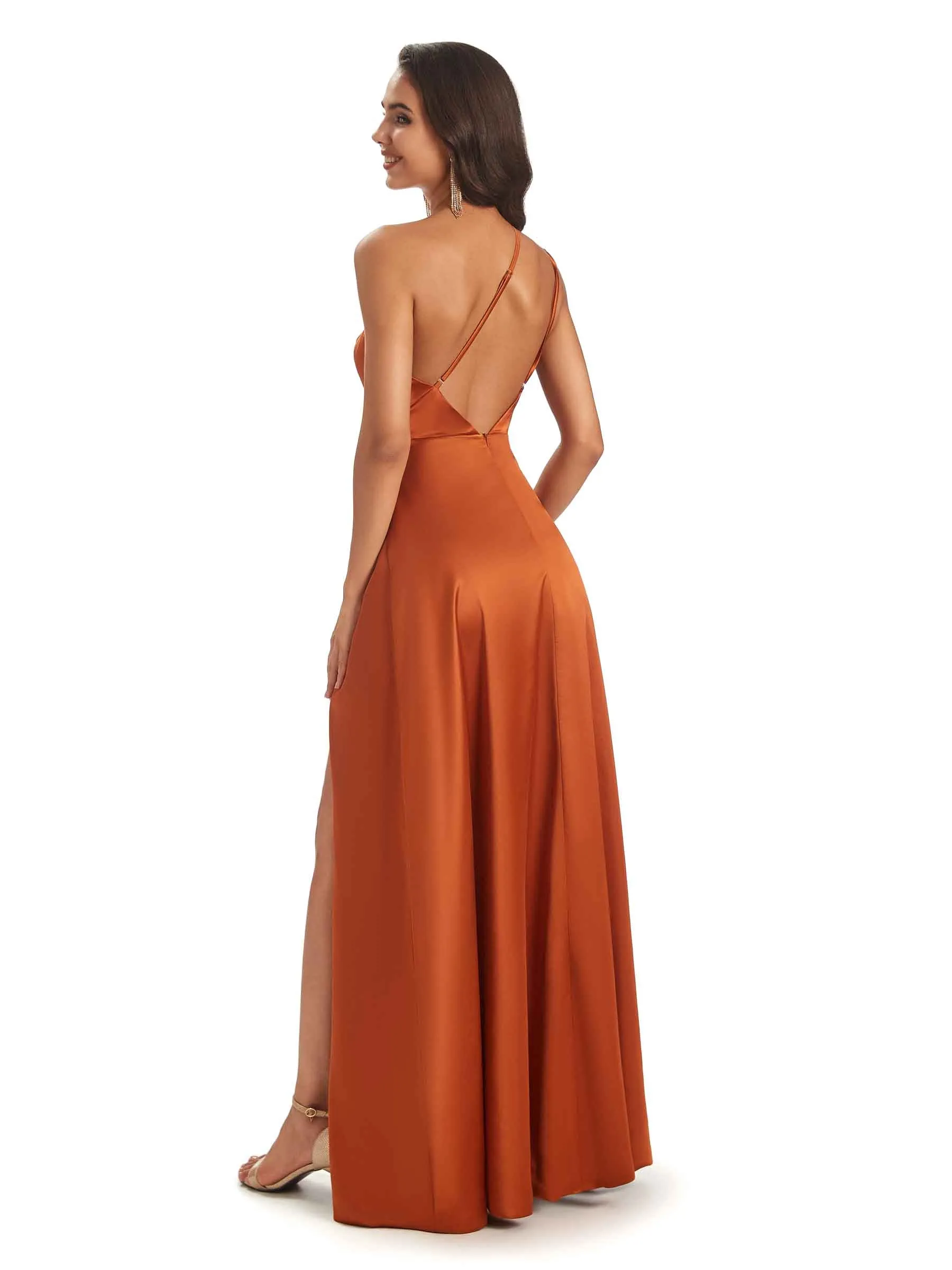 Sexy Soft Satin Side Slit One Shoulder Floor-Length Mermaid Long Bridesmaid Dresses Online sold by ChicSew product image thumbnail 3