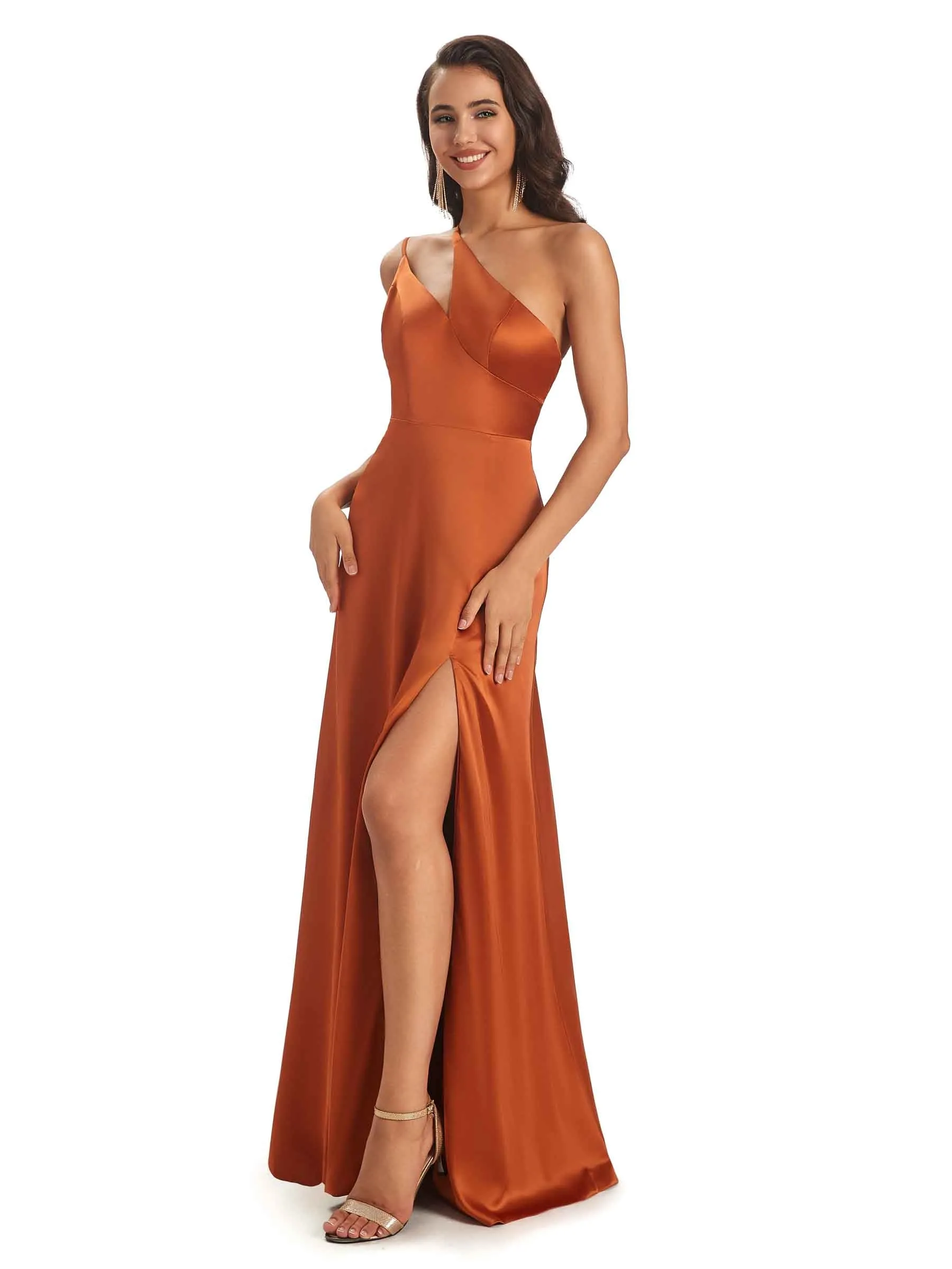 Sexy Soft Satin Side Slit One Shoulder Floor-Length Mermaid Long Bridesmaid Dresses Online sold by ChicSew product image thumbnail 5
