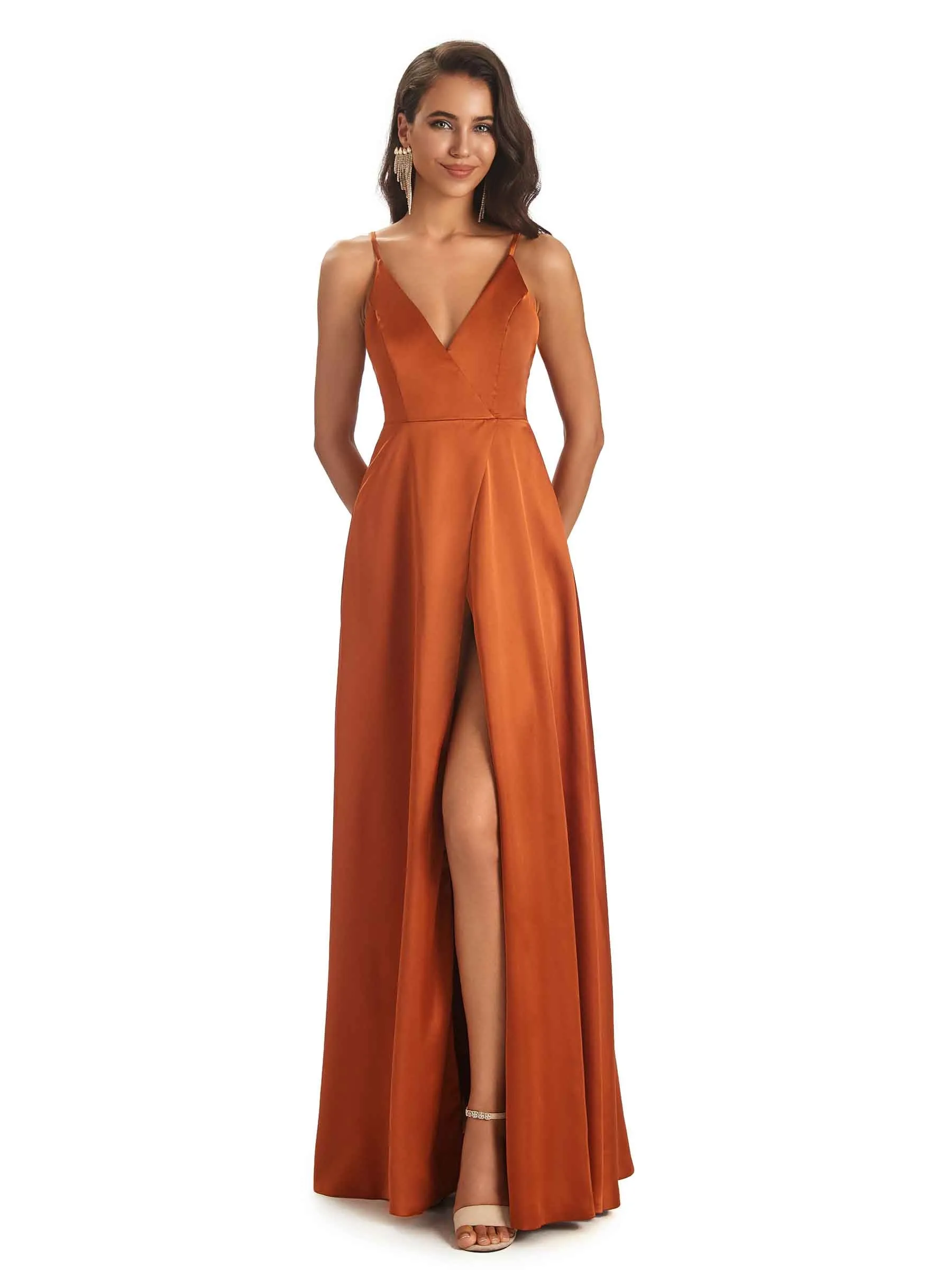 Spaghetti Straps V-neck Soft Satin Side Slit Long Modern Bridesmaid Dresses Online sold by ChicSew product image thumbnail 3