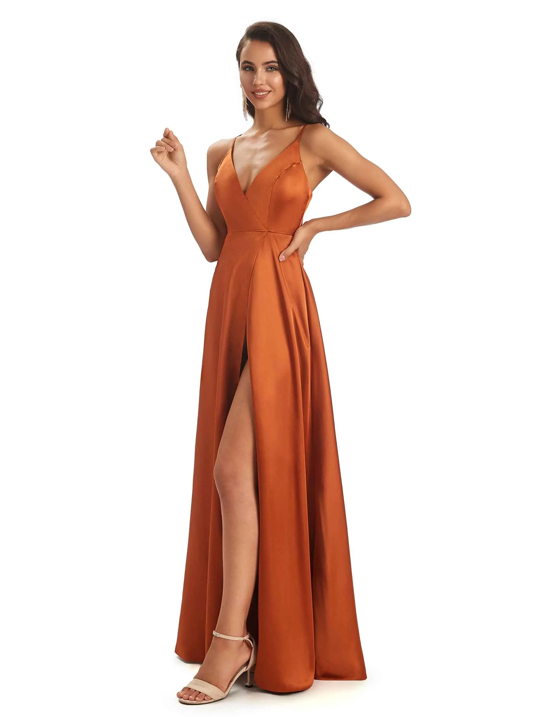 Spaghetti Straps V-neck Soft Satin Side Slit Long Modern Bridesmaid Dresses Online sold by ChicSew product image thumbnail 5