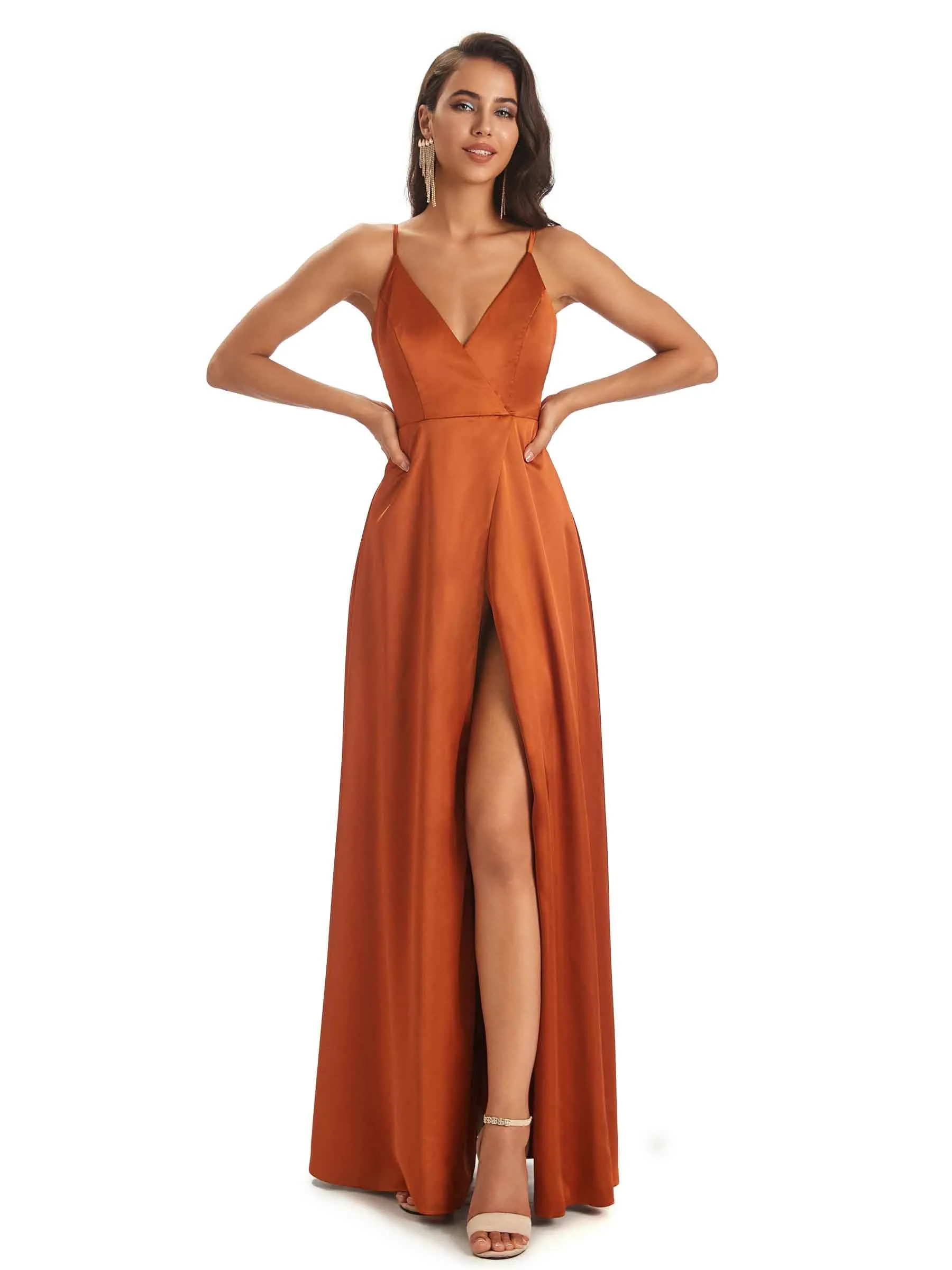Spaghetti Straps V-neck Soft Satin Side Slit Long Modern Bridesmaid Dresses Online sold by ChicSew