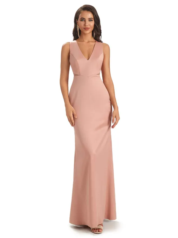 Sexy Soft Satin V-neck Floor-Length Long Mermaid Chic Modern Bridesmaid Dresses Online sold by ChicSew